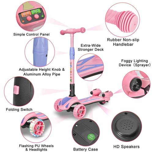 3 Wheel Scooter for Kids, Toddler Scooter with Bluetooth Music Speaker Steam Sprayer LED Lights Aluminum Alloy T-Bar, Ideal Gift for Boys Girls Ages 3-10 (Pink)