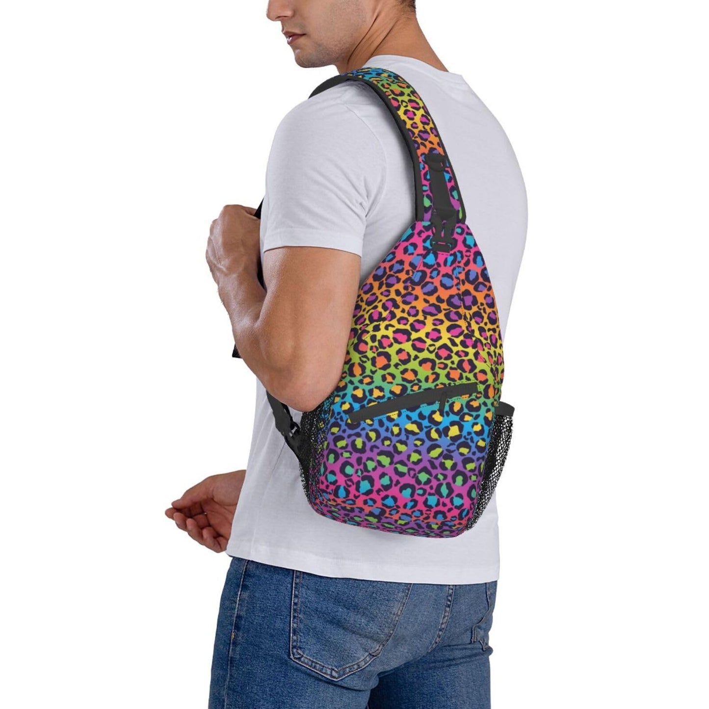 SURERUIM Rainbow Leopard Print Sling Bag for Women Men Crossbody Shoulder Backpack Colorful Leopard Natural Fur Texture Wildlife Animal Skin Chest Bags Cute Cheetah Print Travel Hiking Daypack