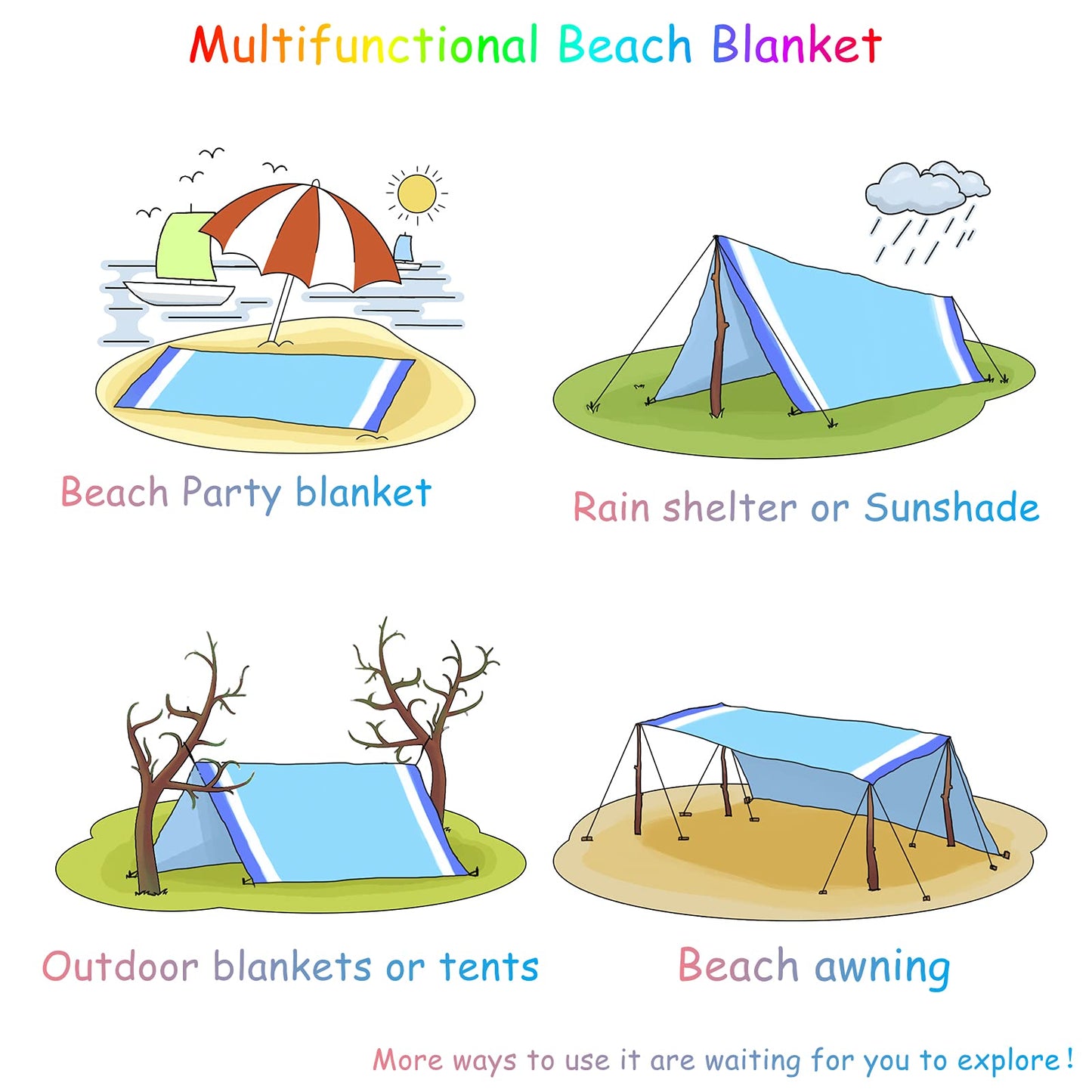 BYDOLL Beach Blanket 78''×81'' 4-7 Adults Oversized Lightweight Waterproof Sandproof Large Picnic Mat for Travel Camping Hiking Picnic(78" X 81", Blue-Mixed)