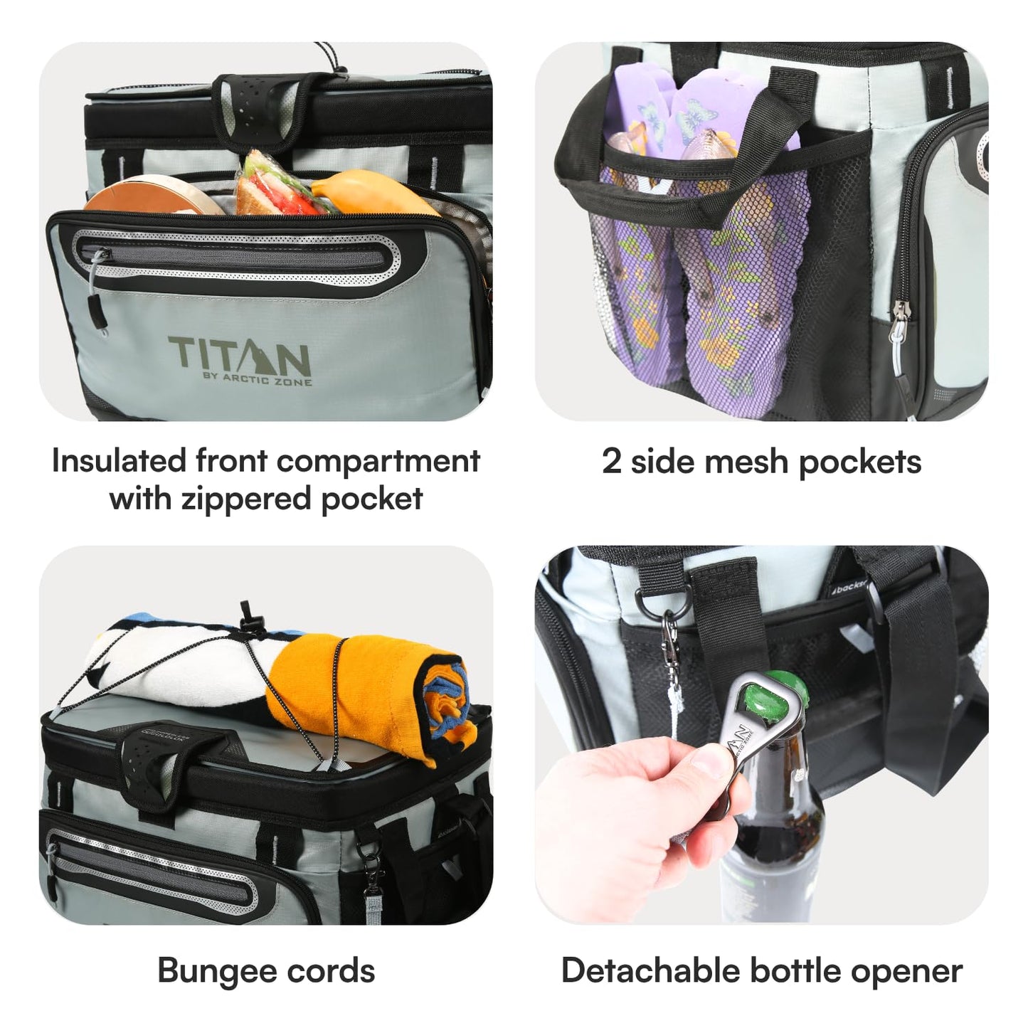 Titan by Arctic Zone Zipperless Soft Sided Cooler with HardBody Liner and SmartShelf, Insulated Bag with Shoulder Strap and Bottle Opener for Beach, Picnic, and Travel, 30 Can Capacity, Seagrass