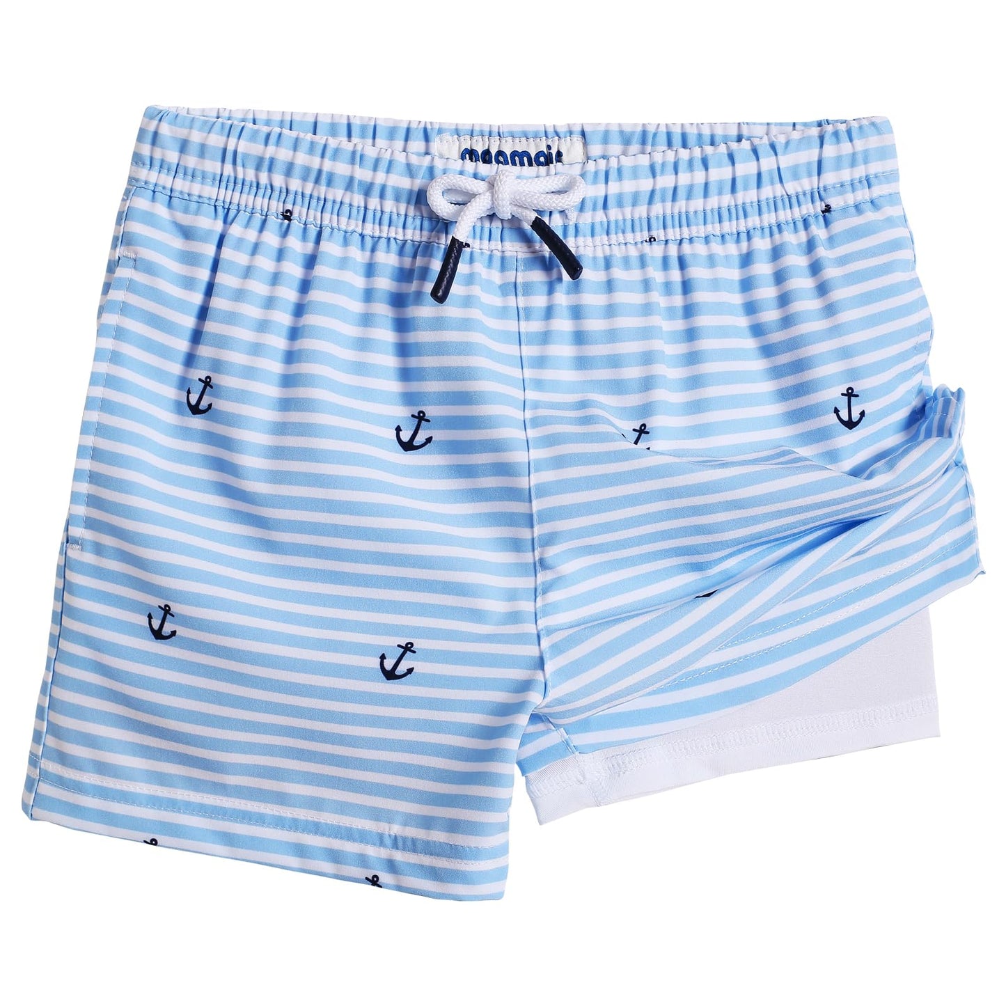 maamgic Boys Swim Trunks with Compression Liner Toddler Stretch Swim Shorts Quick Dry Swimming Trunks Boxer Brief 2 in 1 Beach Shorts White Blue Striped 3T