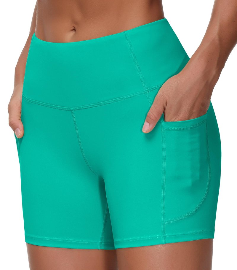 THE GYM PEOPLE High Waist Yoga Shorts for Women Tummy Control Fitness Athletic Workout Running Shorts with Deep Pockets Lake Green