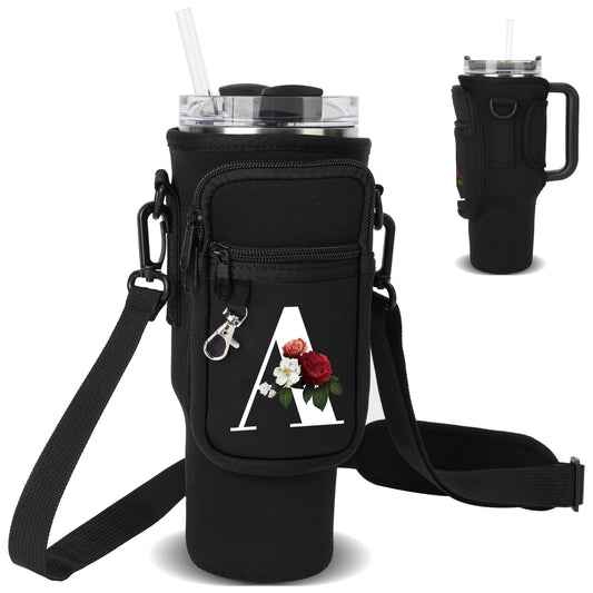 Water Bottle Carrier Bag with Strap Pouch for Stanley 40 oz Tumbler Cup Accessories, Neoprene Water Bottle Holder Phone Pocket Personalized Initial A-Z Flower Design Mother's Day Gift (A, Black)