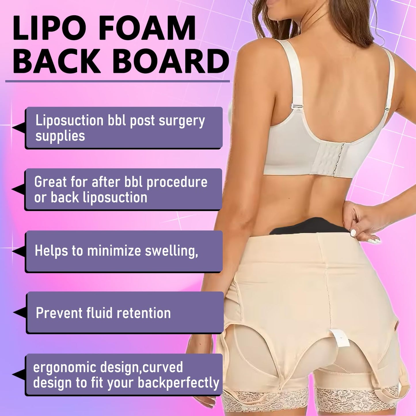BBL Lipo Foam Back Board for Post-Surgery Recovery - Ergonomic Lumbar Compression Board, Surgeon-Approved Support for Liposuction, BBL, Tummy Tuck & C-Section (8.9" x 5.9" x 0.6", black)
