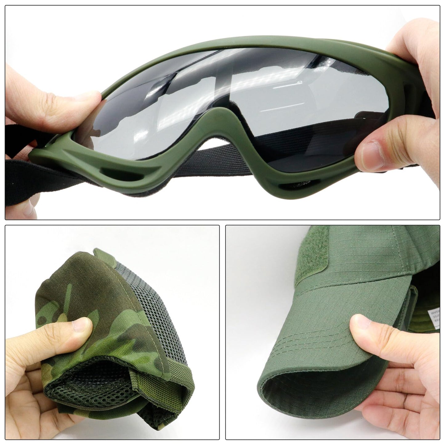 Yzpacc Airsoft Half Face Mask with Goggles Patch Hat Set Tactical Masks Full Face Ear Protective Baseball Cap for CS Halloween and Game