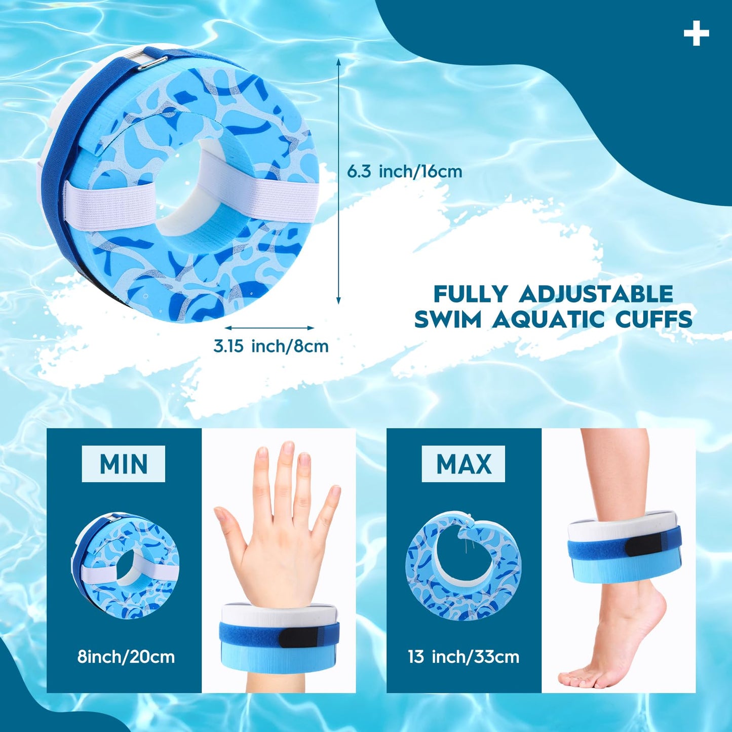 RoundFunny 2 Pcs Foam Swim Aquatic Cuffs Equipment Water Aerobics Float Ring with Detachable Hook and Loop Fastener Fitness Workout Set for Swimming Fitness Training Pool Exercise (Bright Color)