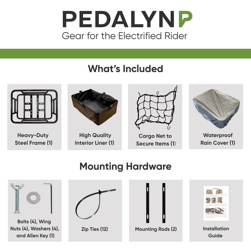 Pedalyn Rear Cargo Rack for E-Bikes – Universal Bicycle Rack with Cargo Net, Rain Cover, and Tool-Free Mounting