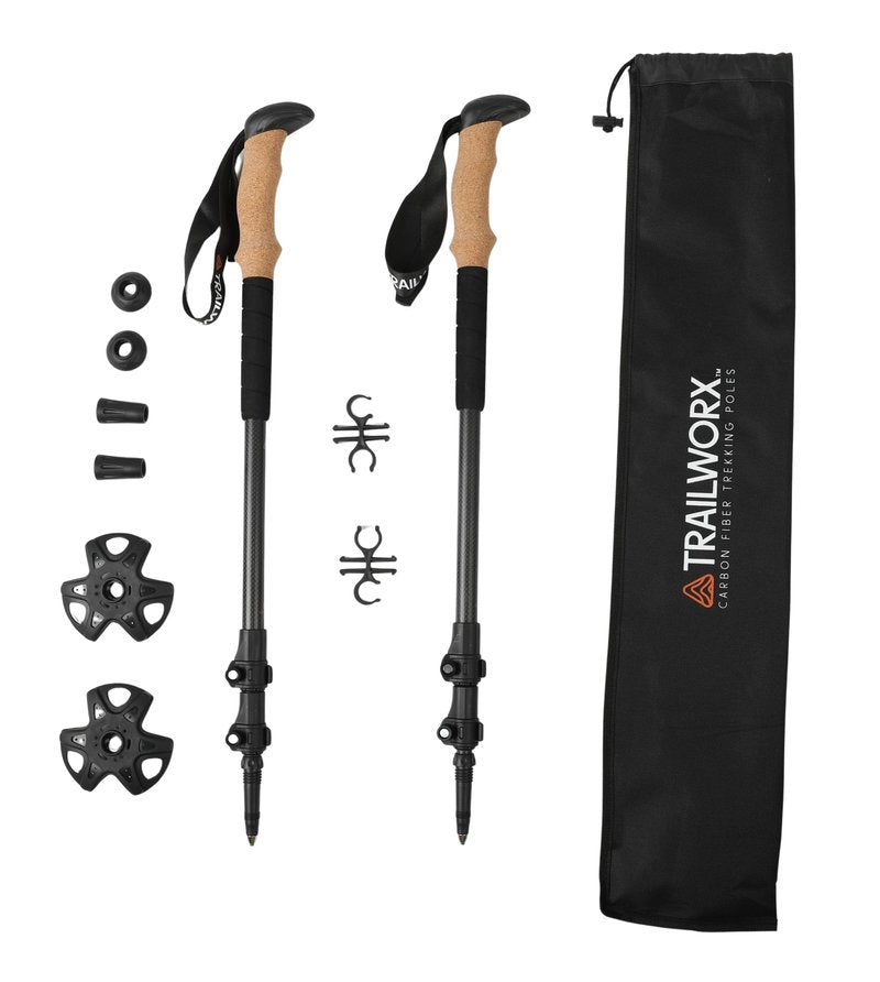 TRAILWORX 3K Carbon Fiber Trekking Poles, Collapsible Set of 2 Lightweight Adjustable Hiking Poles 24.5"-54" with Cork Grip, Tungsten Carbide Tips, Black, Includes Carry Bag, Snow & Mud Baskets