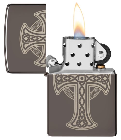 Zippo Laser Engraved Celtic Cross Design Black Ice Pocket Lighter