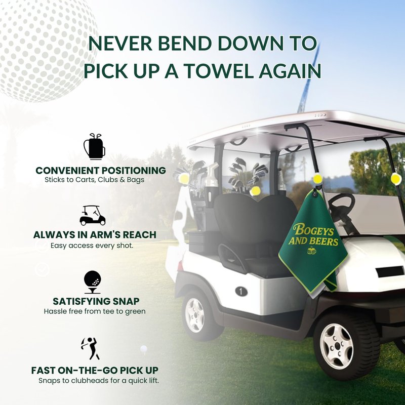 Bogeys and Beers Magnetic Golf Towel, Green and Gold Microfiber with Carabiner Clip
