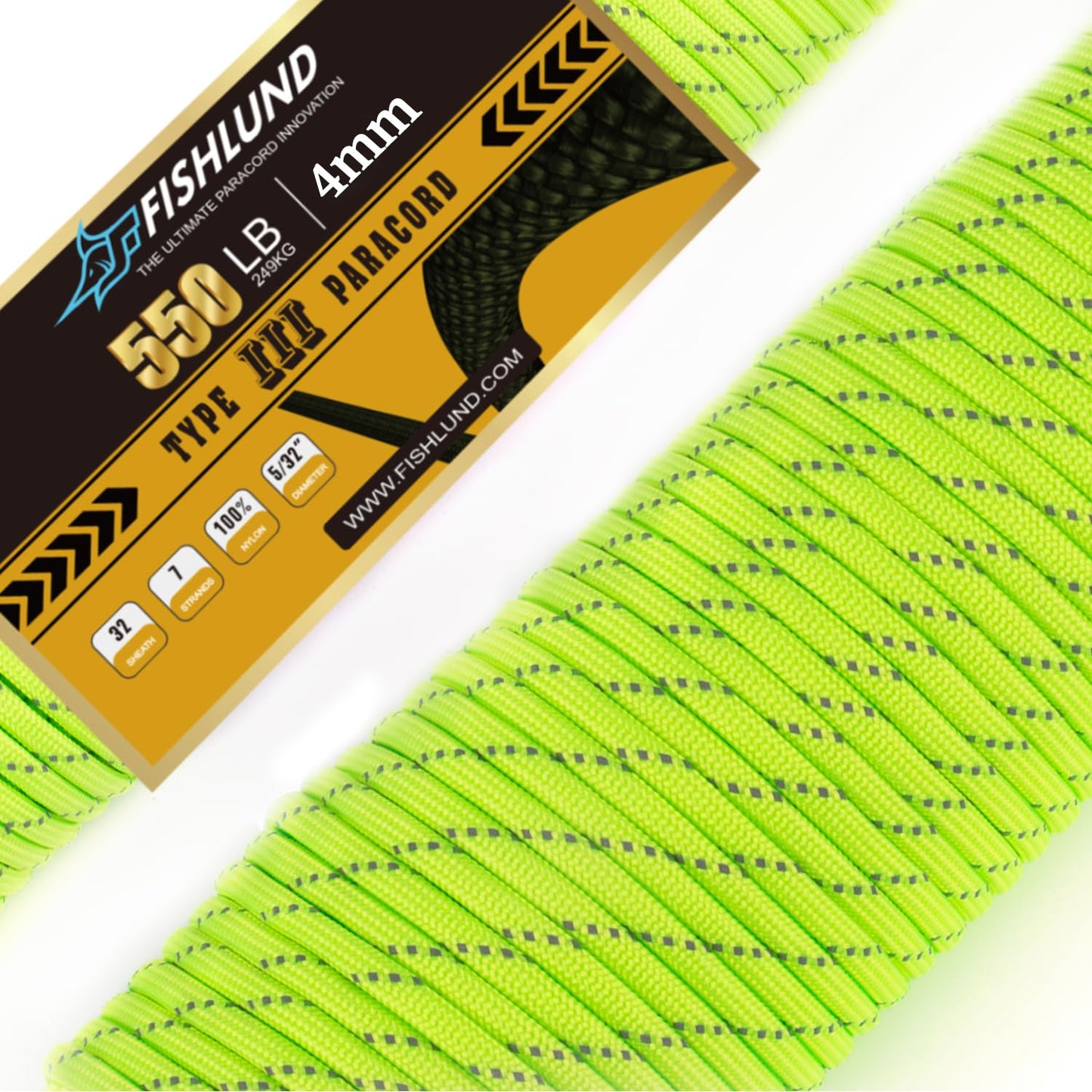 FISHLUND Reflective Paracord 550 lb, 7 Strand Paracord Rope 100ft 4mm, Nylon Parachute Cord for Camping, Neon Green