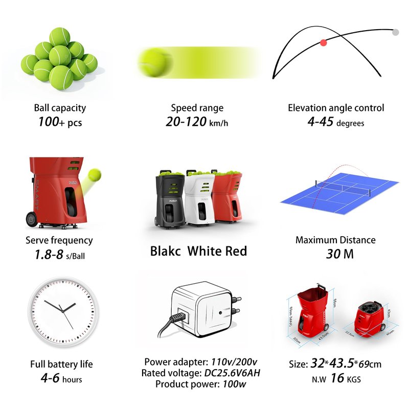 PUSUN PT-SAMRT-Professional Tennis Ball Machine with App Control - 100+ Ball Capacity - 12 Training Modes - 4-6 Hours Battery Life (Red)