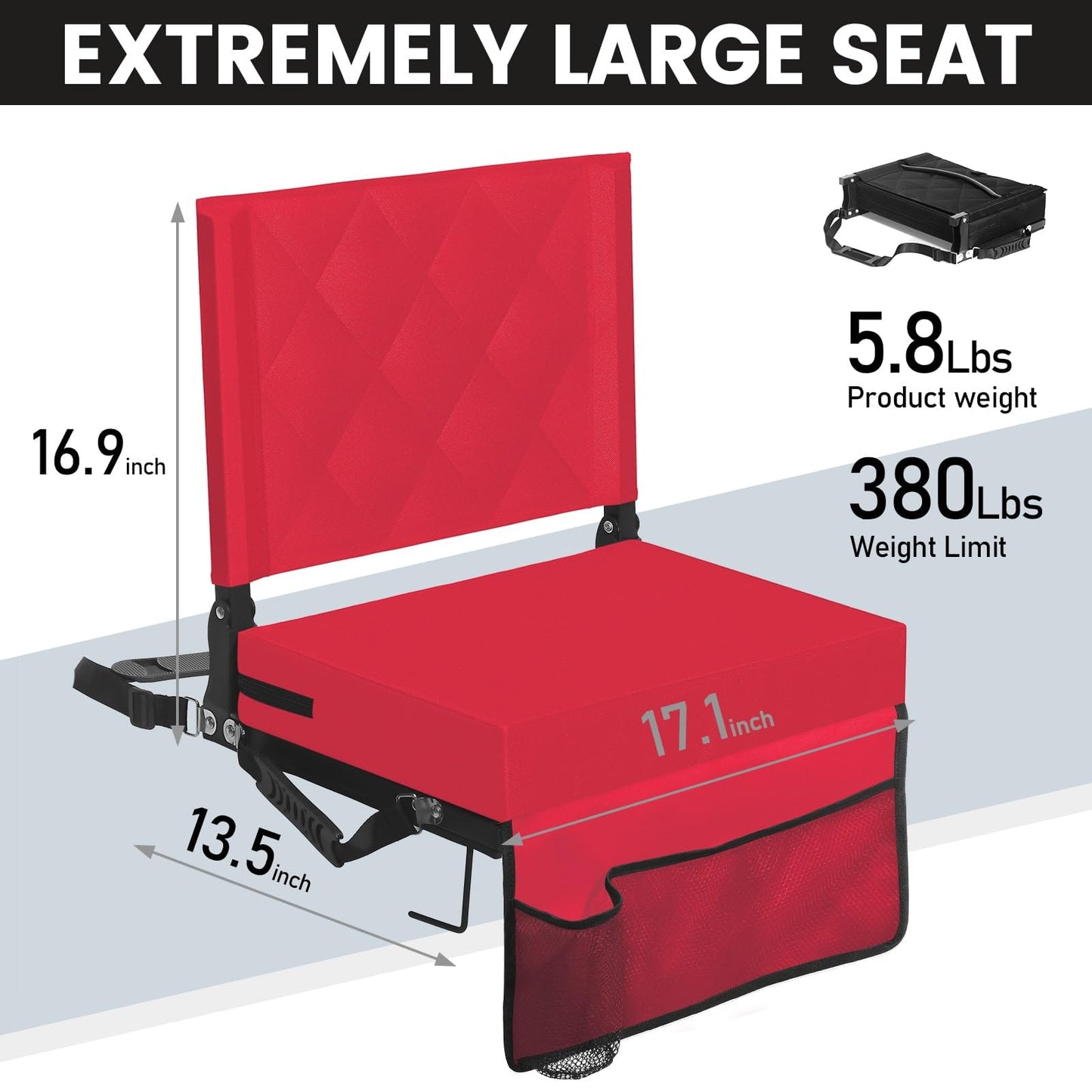 Sheenive Red Stadium Seats for Bleachers with Back Support, Padded Soft Comfy Backs and Cushion, Extremely Large and Portable