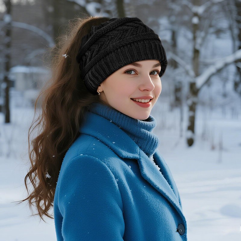 Yookat 2 Pack Ponytail Beanie Hat for Women High Bun Hats Skull Cap for Winter Black and Beige