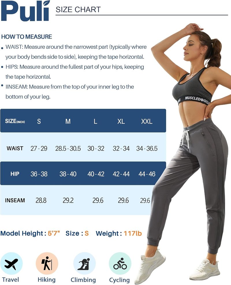 PULI Women's Cotton Jogger Sweatpants - Ribbed Lounge Pants with Zipper Pocket