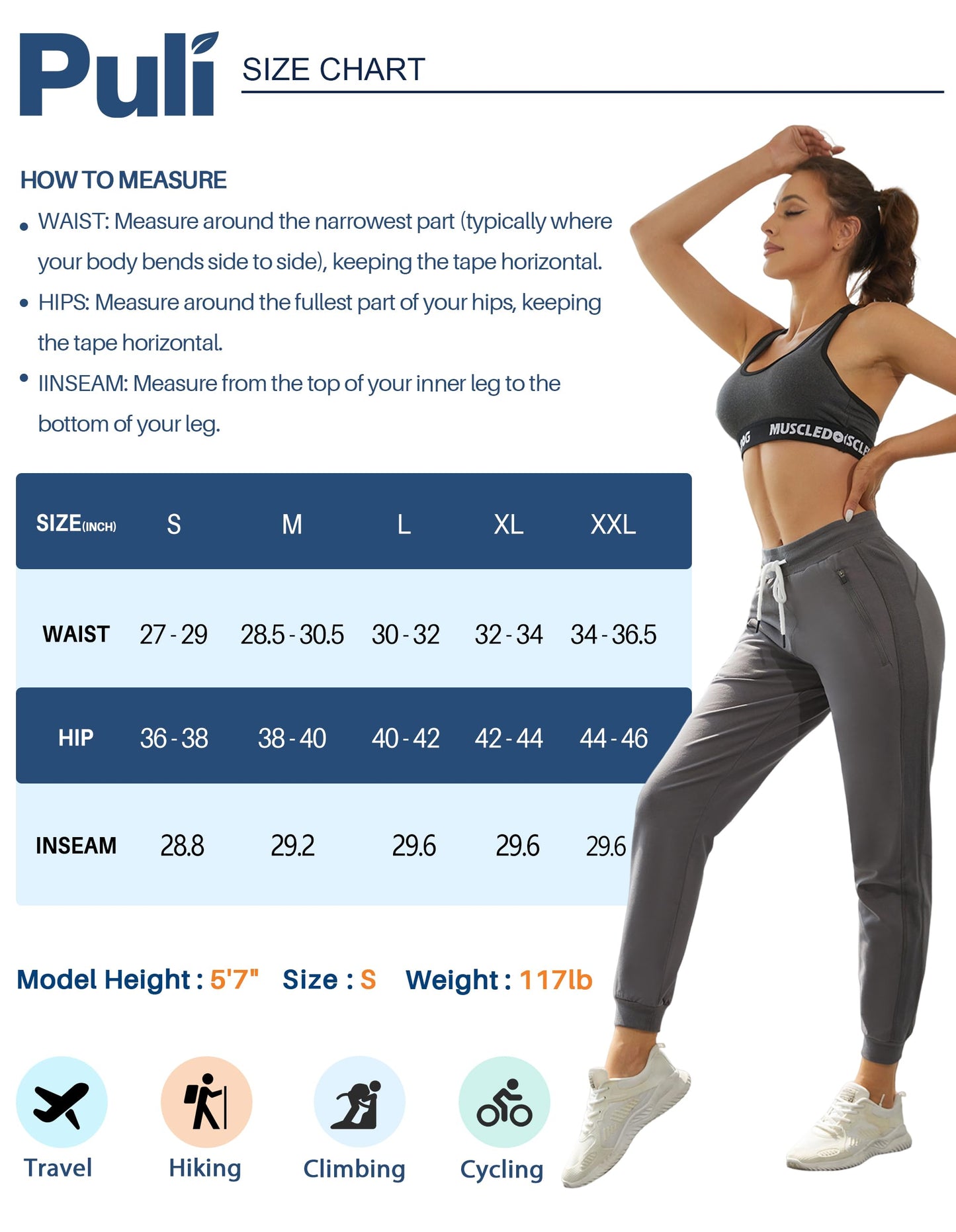 PULI Women's Sweatpants Cotton Joggers with Zip Pockets Heather Grey L
