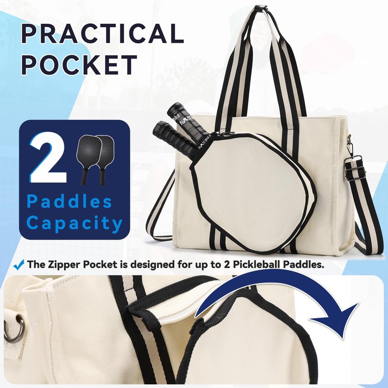 VASCHY Pickleball Tote Bags For Women With Fence Hook, Canvas Pickleball Paddle Holder Case Work/Gym/Sports Tote for 2 Rackets Beige
