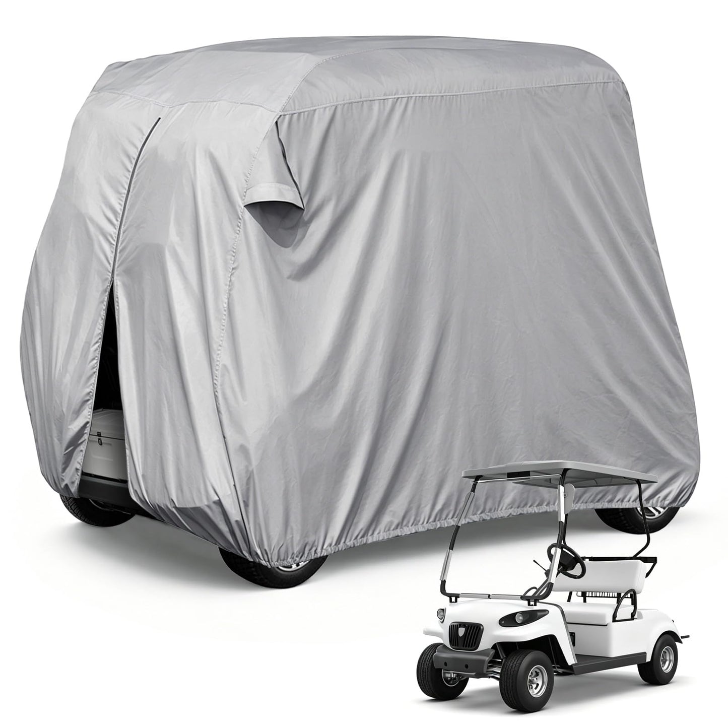 【2022 Upgraded】 2 Passenger Outdoor Golf Cart Cover Compatible with EZ GO, Club Car, Yamaha, Movaland Custom Cart Cover with 300D Material + Extra PVC Coating Waterproof Dust Prevention (Grey)