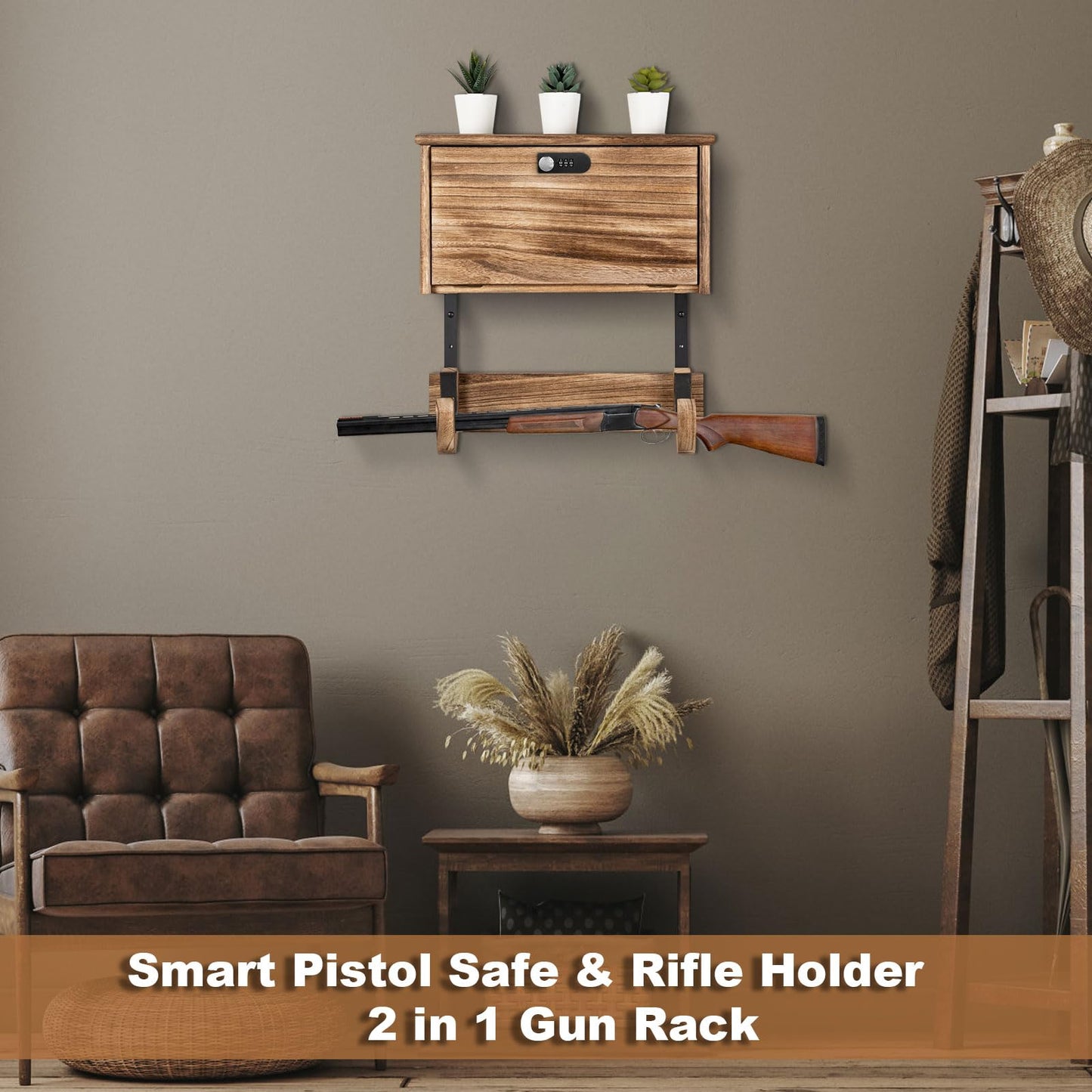 Wooden Wall Mount Gun Rack with Lock, 2-in-1 Horizontal Display for Rifle, Shotgun and Dual Pistols, Secure Firearms Storage Hanger