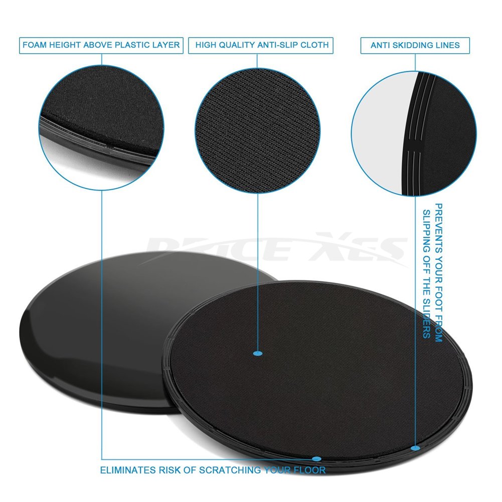 2 x Dual Sliding Discs Exercise Sliders Core Sliders Fitness Ultimate Trainer Gym Home Abdominal & Total Full Body Workout Equipment on ALL surfaces Slide Exercises (Black, Circle)