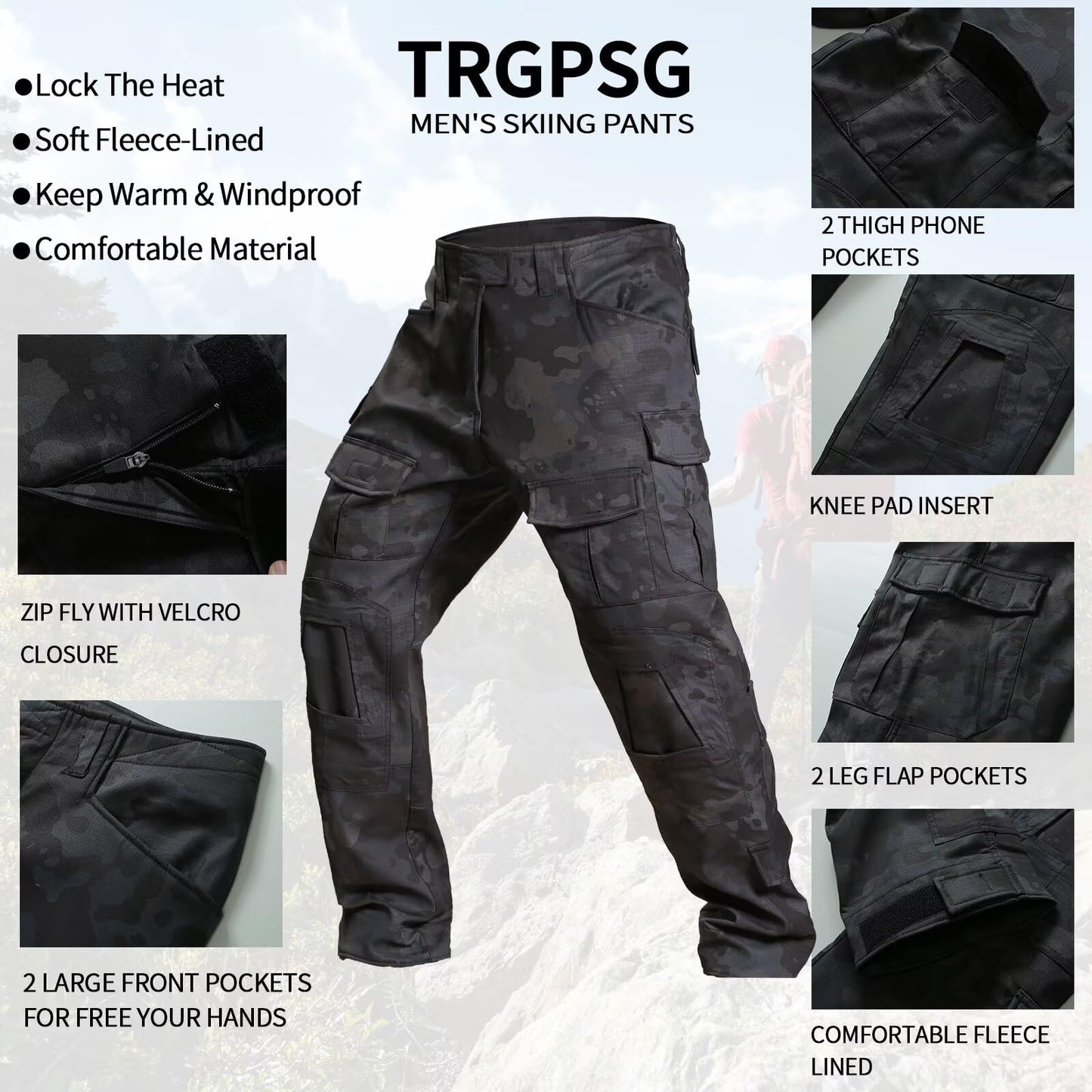 TRGPSG Men's Fleece Lined Tactical Pants Waterproof Hiking Pants Snow Ski Winter Outdoor Snowboard Warm Cargo Work Pants with Multi Pockets JRG3 Black Camo 34