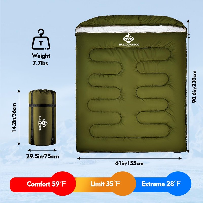 Blackpongo Double Sleeping Bag for Adults Men Women, XL Queen Size Two Person Sleeping Bag for All Season Camping Hiking Backpacking 2 Person Sleeping Bags for Cold Weather & Warm