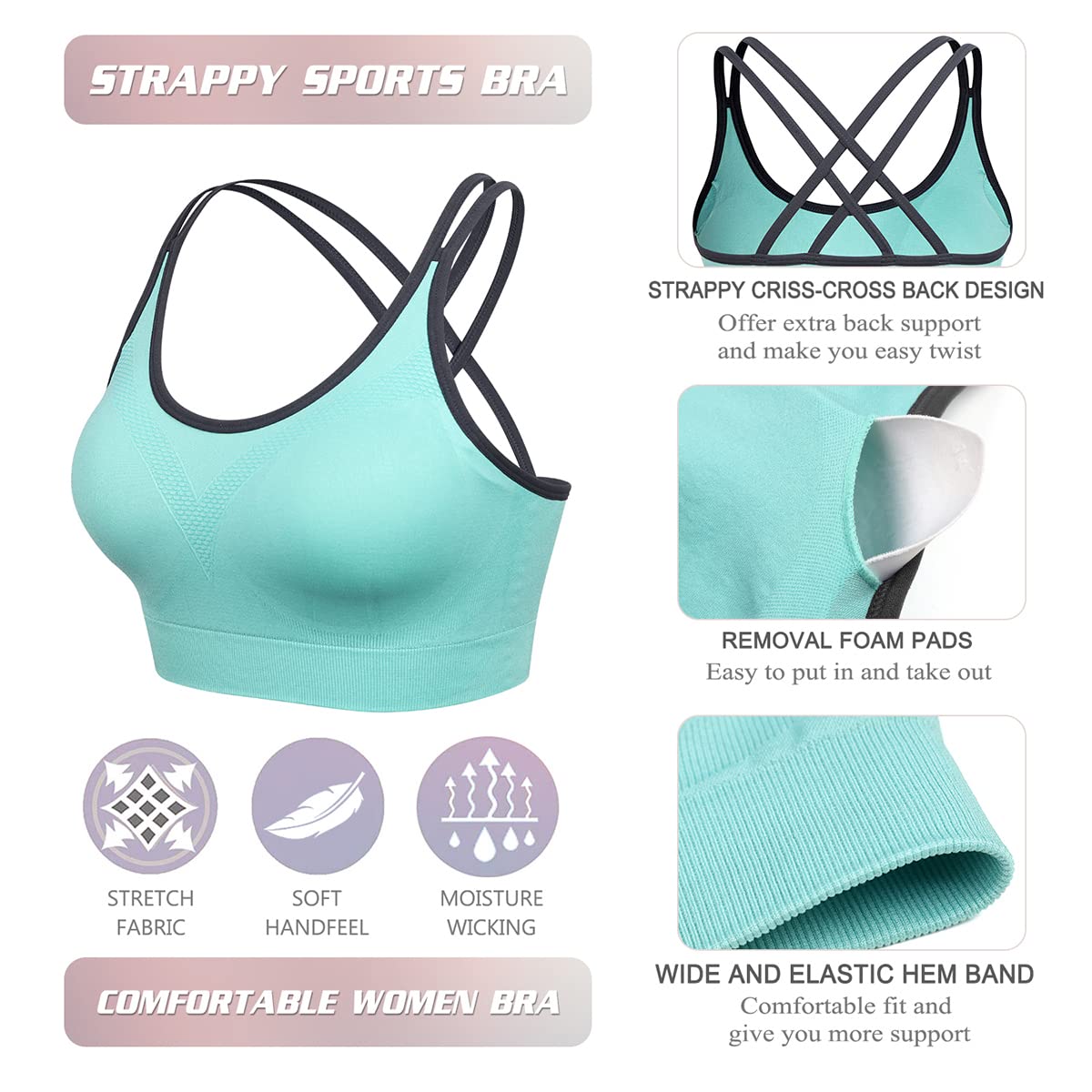 VEQKING Strappy Women Sports Bra Cross Back Yoga Sport Bras Removable Padded Workout Bras for Running Training Gym Fitness Exercise