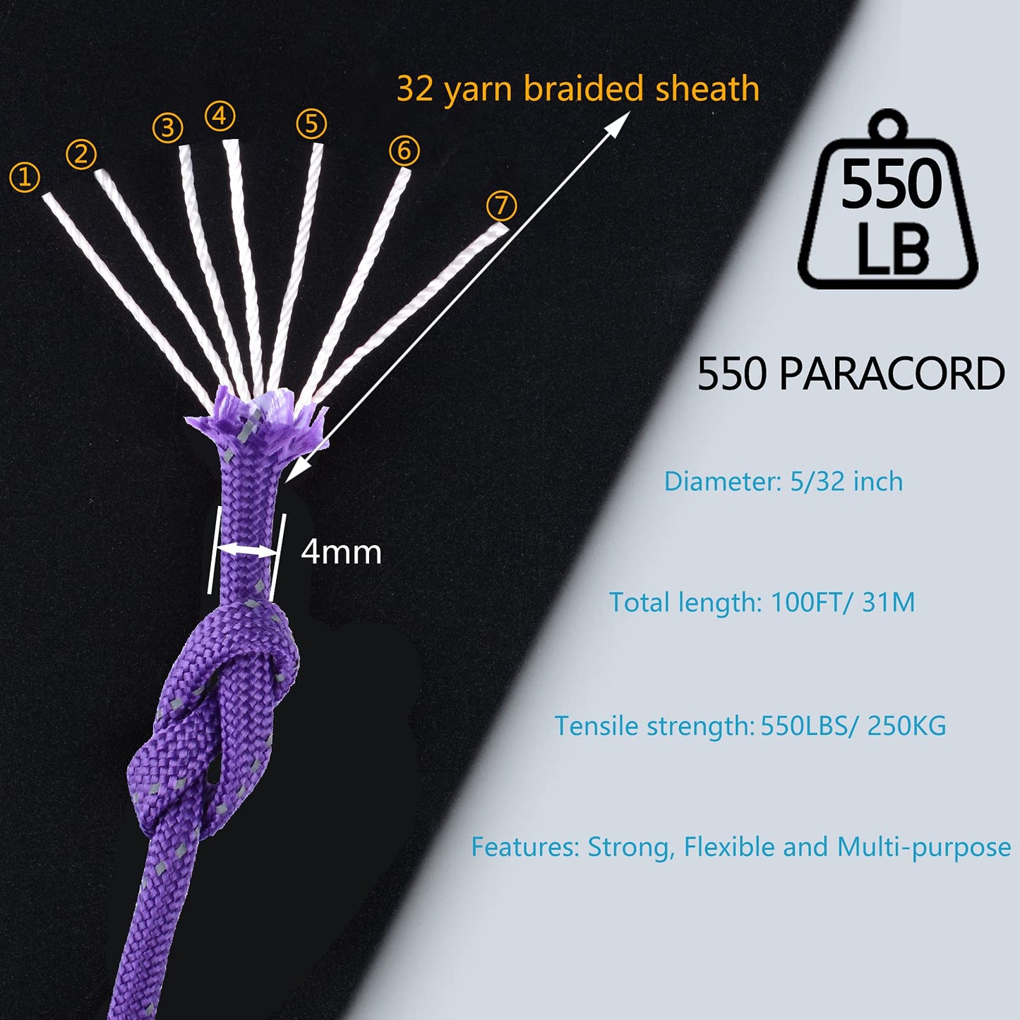 WEREWOLVES Reflective 550&176 lb Paracord - Nylon, Rope Roller,7&3 Strand Utility Parachute Cord for Camping Tent, Outdoor Packaging