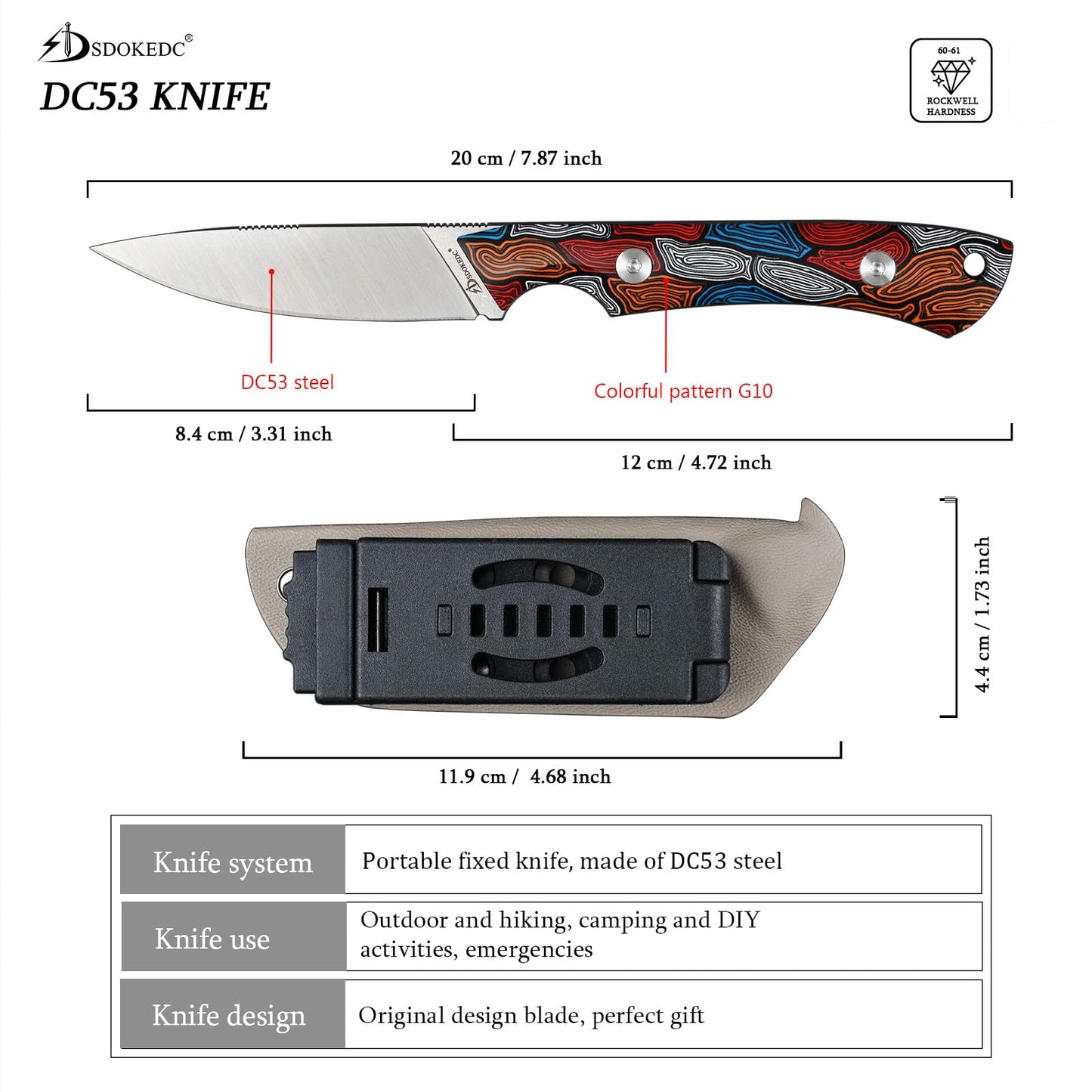 SDOKEDC Knives DC53 Steel Tactical Fixed Blade Knife with kydex sheath for Men EDC Outdoor Camping Survival Hunting (Colorful pattern G10)