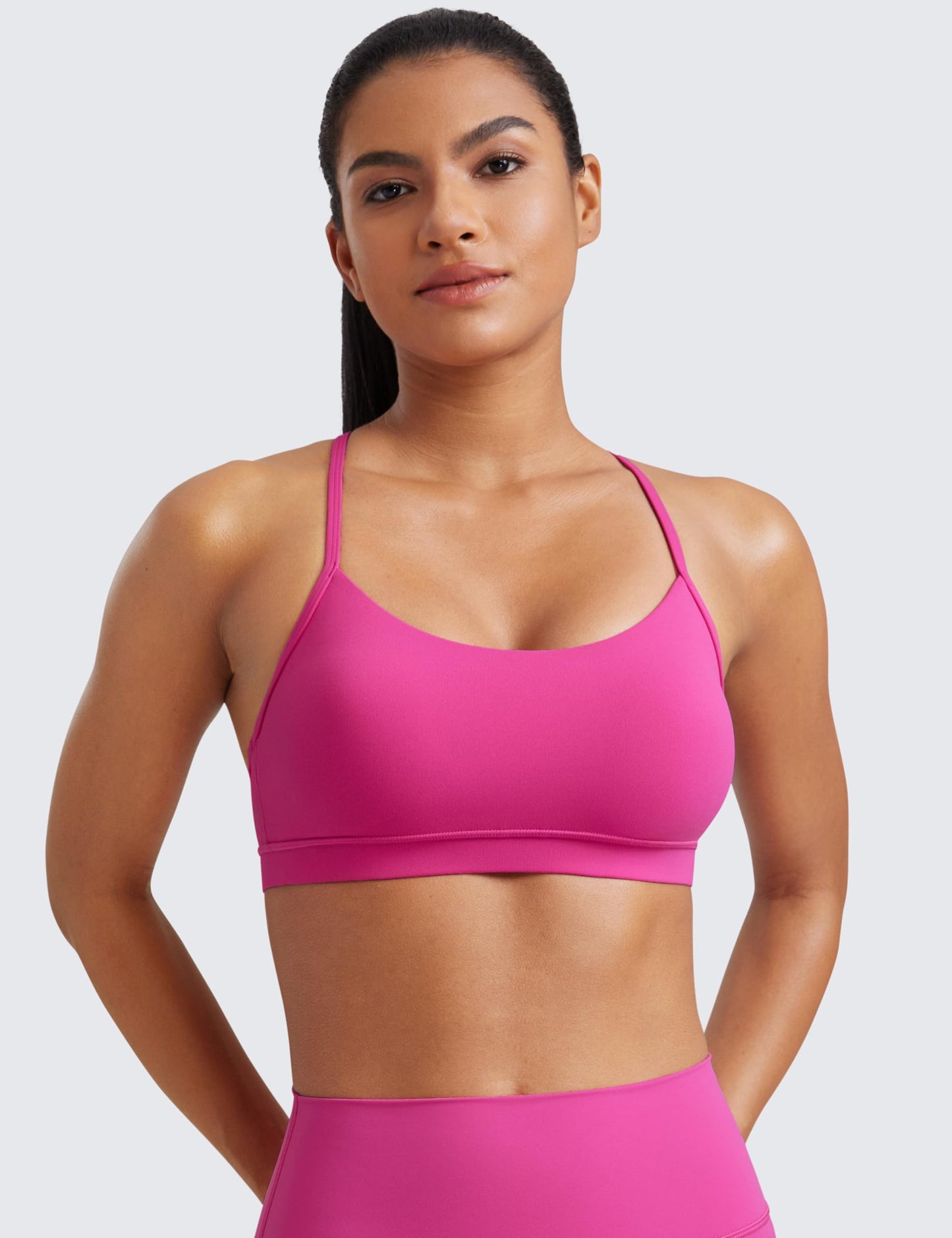 CRZ YOGA Butterluxe Y Back Sports Bras for Women - Padded Racerback Low Impact Spaghetti Thin Strap Workout Yoga Top Hibiscus Purple Large