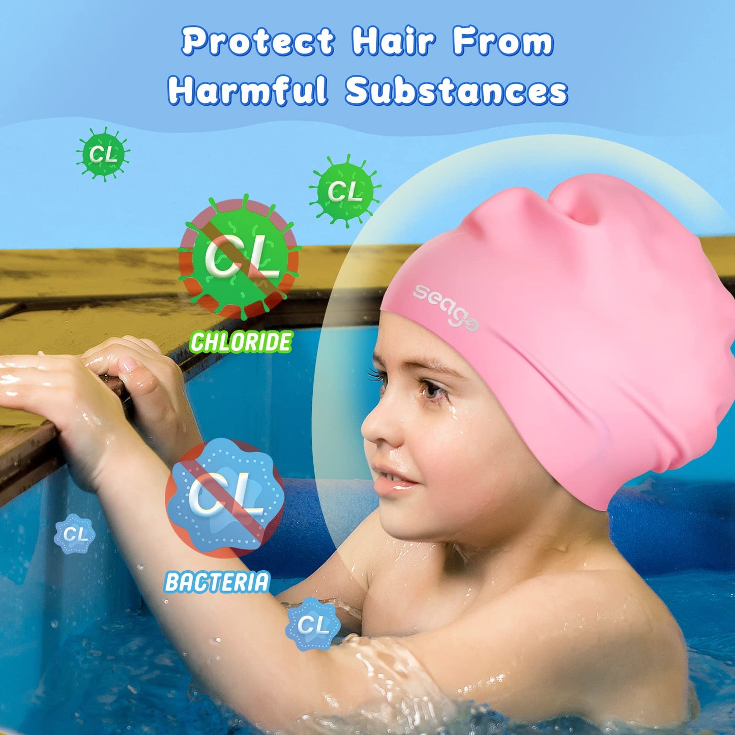 Seago Swim Cap for Kids 6-14 Large Swim Cap for Braids and Dreadlocks Long Hair Swimming Caps for Girls Boys Youth with Nose Clip Waterproof Pool Silicone Bathing Swimming Cap That Keep Hair Dry