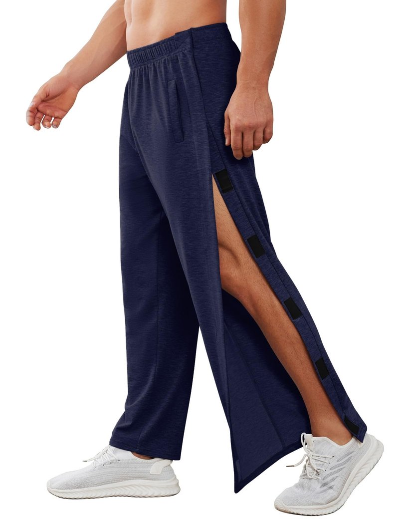 Deyeek Men's Tear Away Pants 2 Side Snap Open Bottom Sweatpants Loose Fit Casual Post Surgery Pants with Pockets Dark Blue