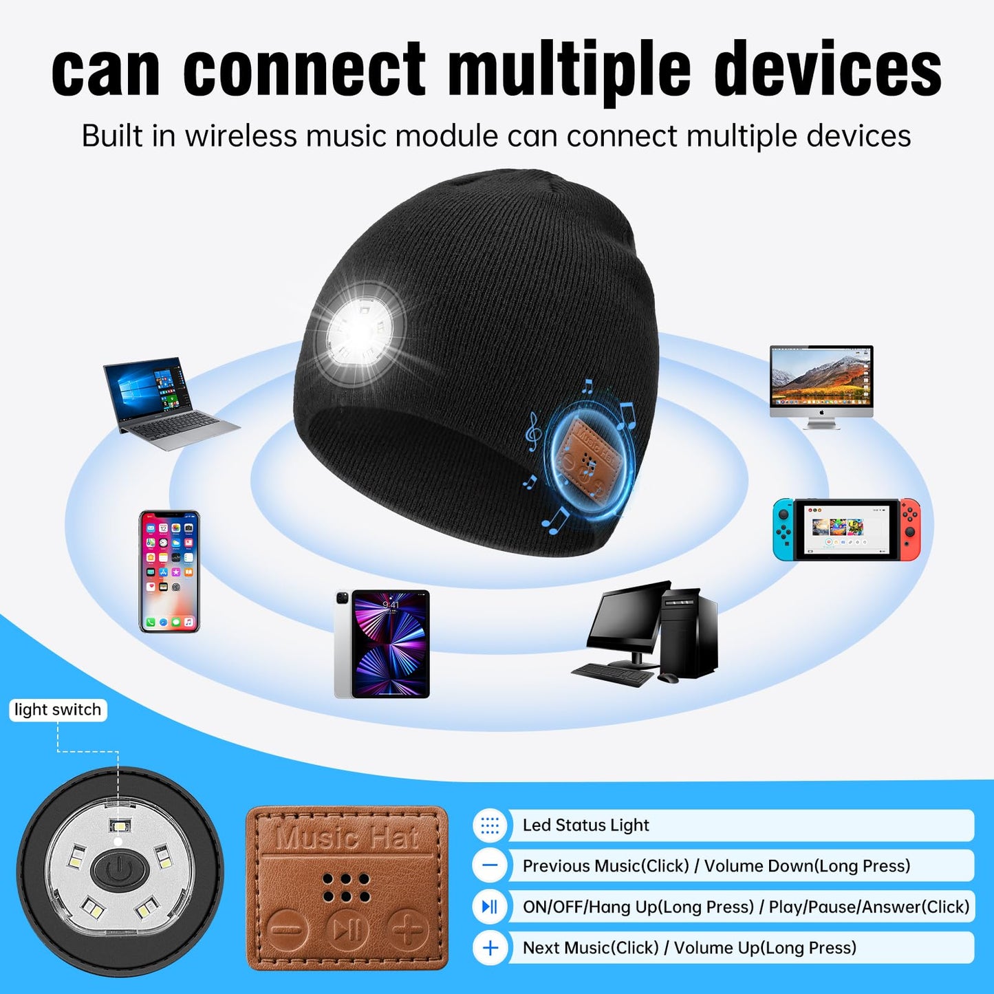 MUSIC Lighted Beanie (Bluetooth V5.4), Knitted hat with Built-in LED Lights, Microphone and Speaker