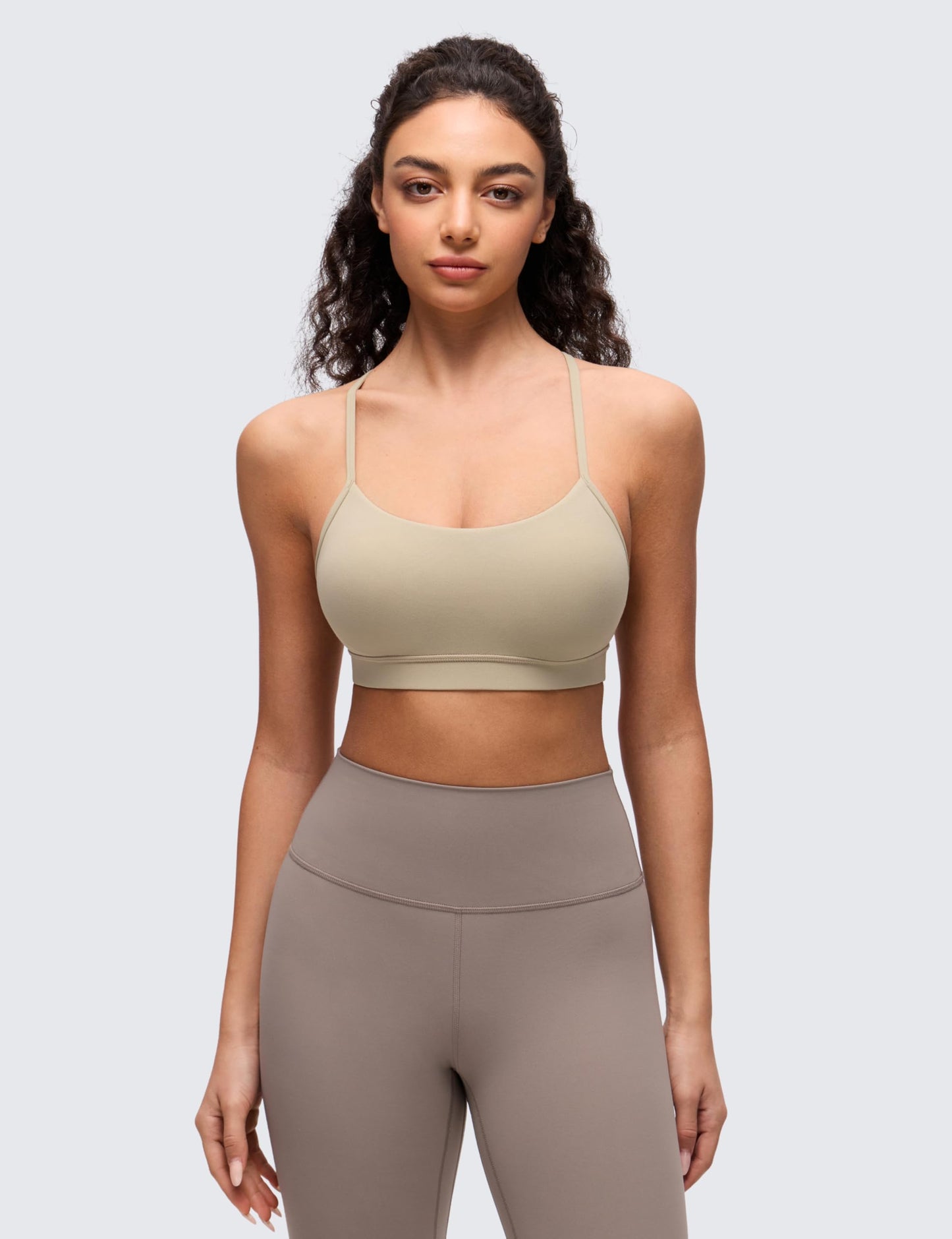 CRZ YOGA Butterluxe Y Back Sports Bras for Women - Padded Racerback Low Impact Spaghetti Thin Strap Workout Yoga Top Oak Medium