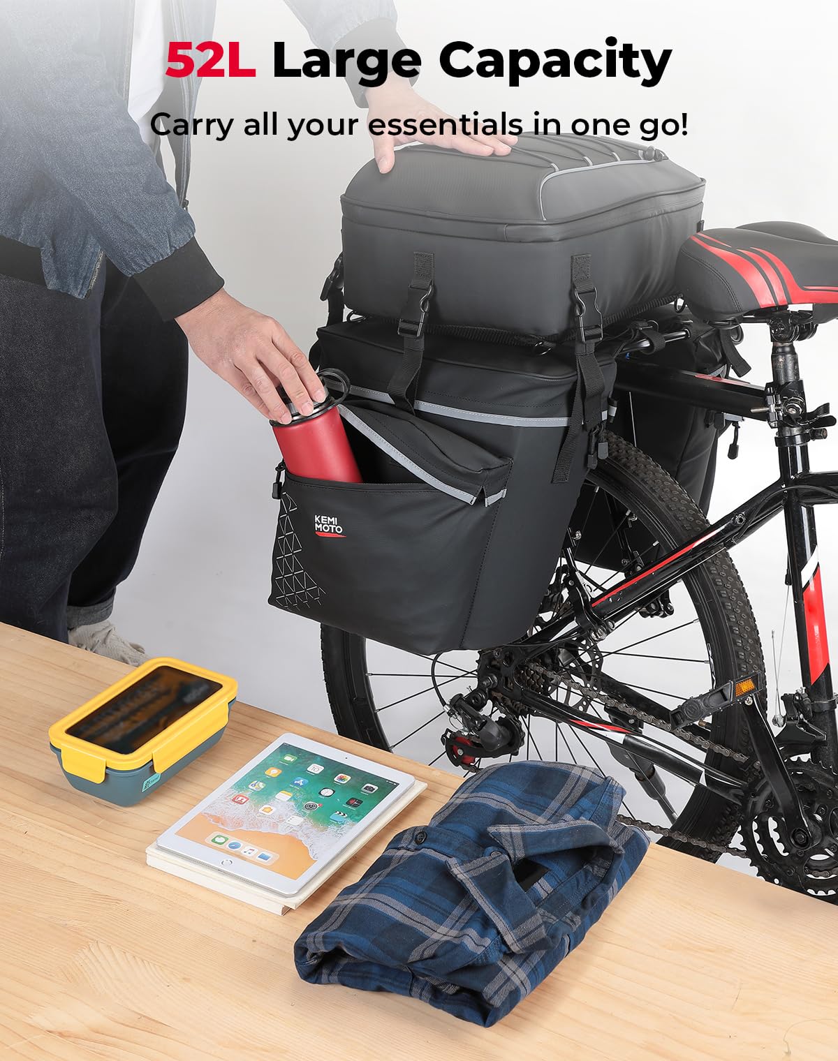 KEMIMOTO Bicycle Panniers Combo 3-in-1, Bike Saddle Grocery Bag with Waterproof Rain Cover, 52L Large Capacity Storage Cargo Cycling Backpack, Mountain Road E-bike Trunk Bag, Black