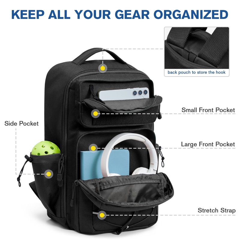 G4Free Pickleball Bag Fits 2 to 6 Paddles, Large Pickleball Backpack with Fence Hook for Men and Women(Black)