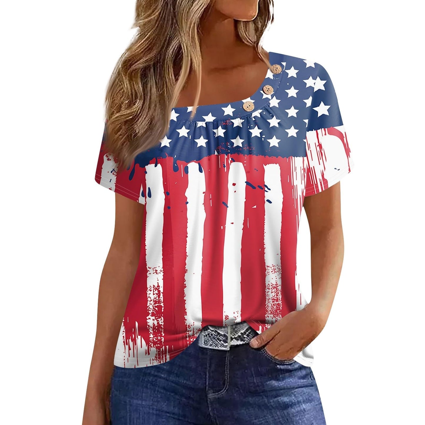 Beautiful Summer Short Sleeve Tops Womans Office Plus Size Crewneck Lightweight Shirt Polyester Button American Flag Fit Tops for Women Wine