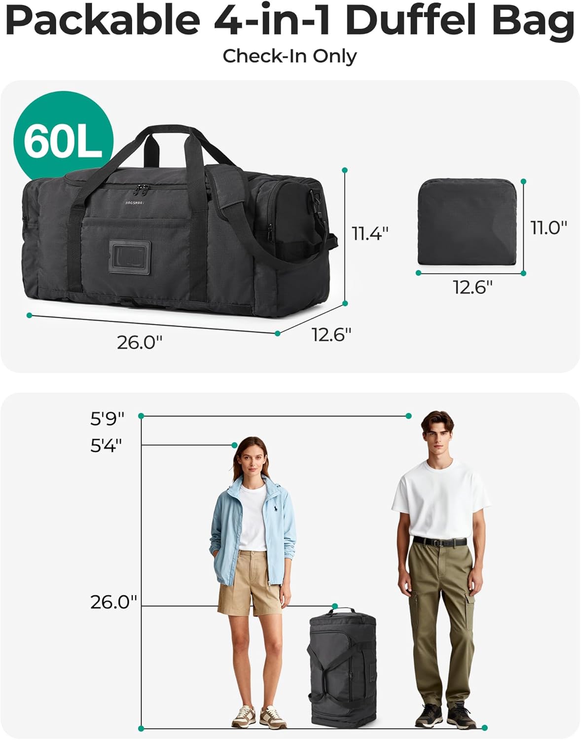 60L Foldable Duffle Bag - Large Travel Duffel & Backpack | Army Green