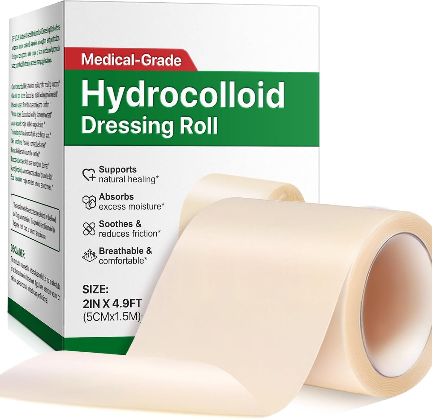 Hydrocolloid Roll - Hydrocolloid Bandages for Wound Care | Ultra Absorbent, Waterproof, 2in x 4.9ft (Beige)