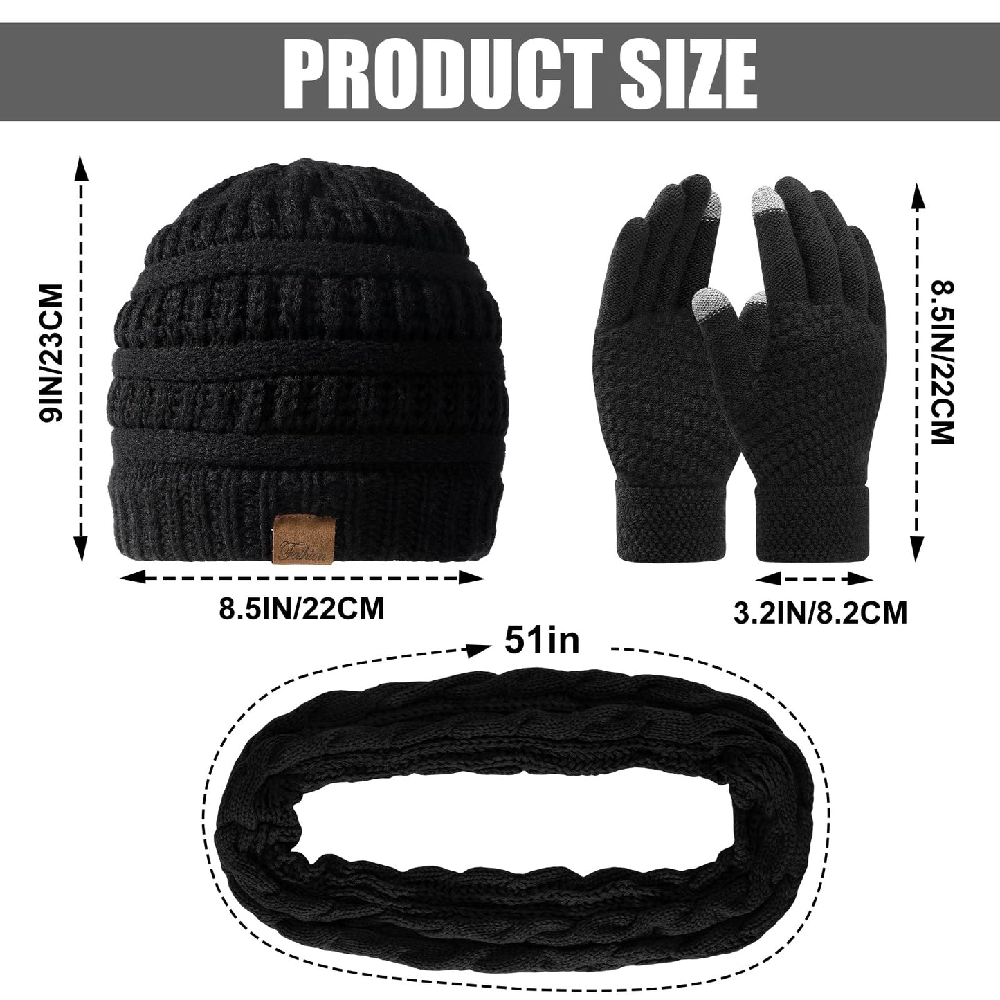 Winter Beanie Hat Scarf Gloves Set, Thick Warm Knit Winter Skull Cap Touch Screen Gloves Neck Scarf for Women Men