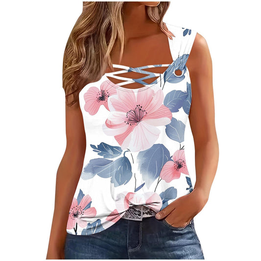 Gcvizuso Deals of The Day Womens Tank Tops Summer Casual Printing Tee Vacation Dressy Fashion Tshirt 2024 Sleeveless Loose Fit Blouse Womens Tanks