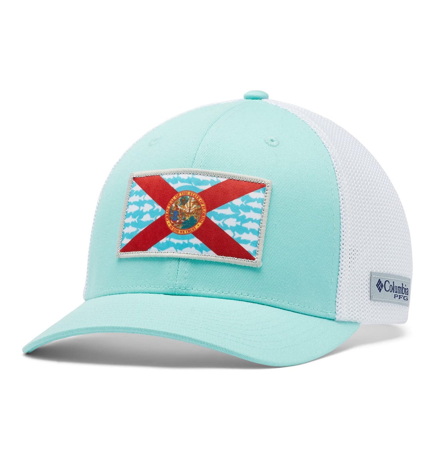 Columbia Unisex PFG Mesh Fish Flag Ball Cap, Gulf Stream/White/FL Fish Flag, Small/Medium