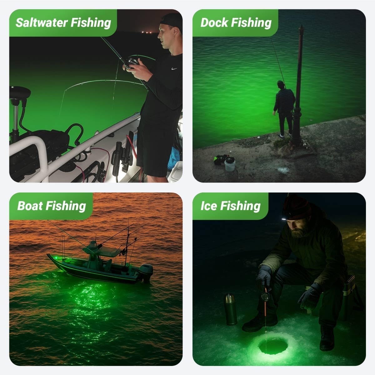 Rechargeable Underwater Fishing Light - Auto On in Water, 16000lm Brightness | IP68 Waterproof, Cordless for Night Fishing