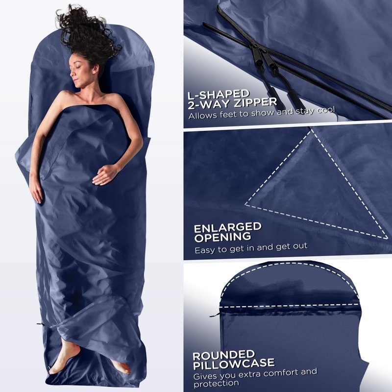 JAICOM Ultralight Sleeping Bag Liner - 5.3 oz Washable Adult Sleep Sack & Travel Sheets, Self Tan Sleep Sack with Two-Way-Zipper, for Backpacking, Hotel, Camping, Travel