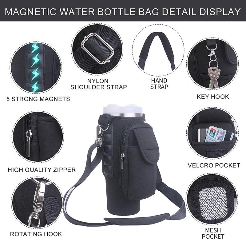 GHJTFC 40OZ Magnetic Water Bottle Carrier Bag, Compatible with Stanley Cup, with 5 Strong Magnets, Detachable Shoulder Strap, Hand Strap and Multiple Storage Pouches (Black)