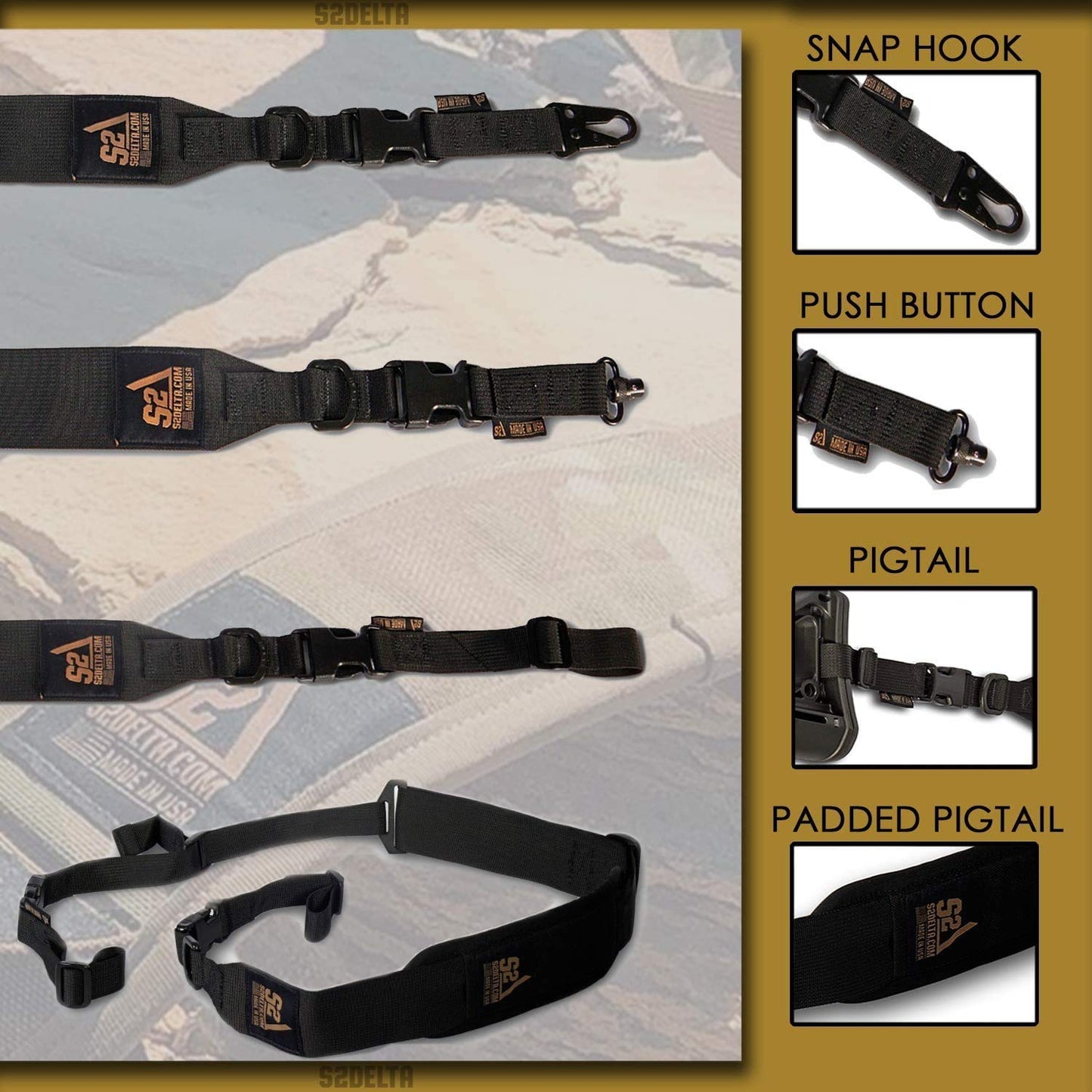 S2Delta - USA Made Premium 2 Point Rifle Sling, Fast Adjustment, Modular Attachment Connections, Comfortable 2” Wide Shoulder Strap