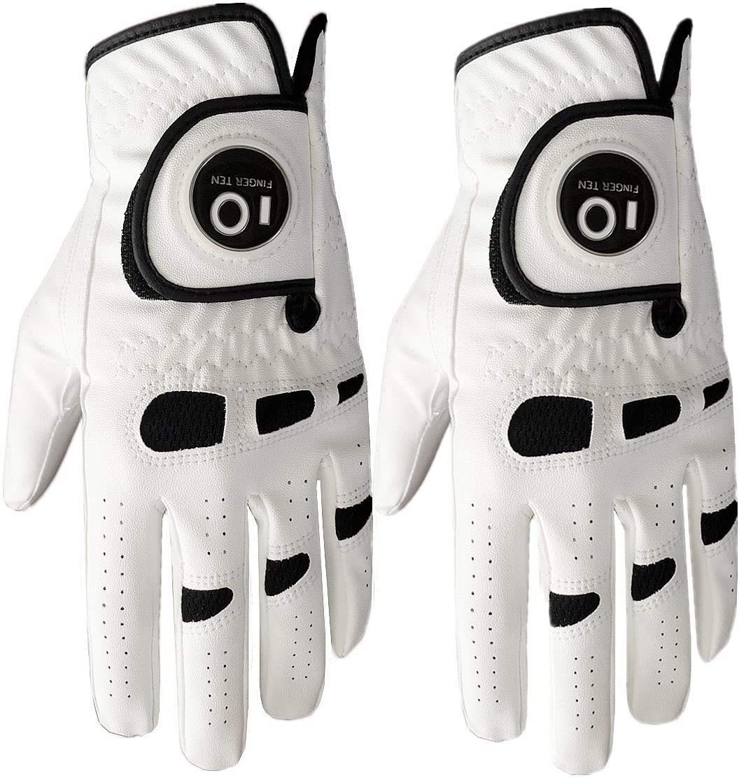 FINGER TEN Men’s Golf Gloves Left Hand Right with Ball Marker 2 Pack, Weathersof Grip Soft Comfortable, Fit Size Small Medium ML Large XL (Cadet S, Worn on Left Hand)