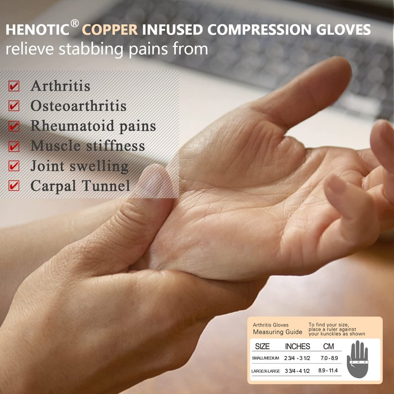 HENOTIC 2 Pairs Copper Arthritis Gloves for Women Men, Wrist Reinforcement Fingerless Arthritis Compression Gloves for Relieving Carpal Tunnel Aches, Rheumatoid Pains, Joint Swell