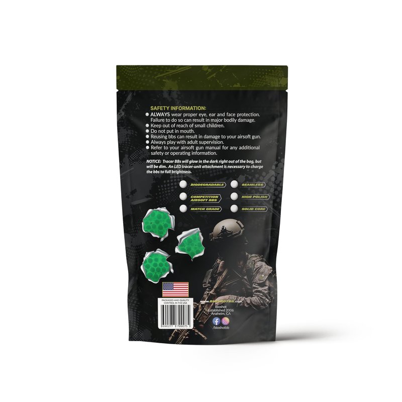 Bioshot Biodegradable Green Tracer Glow in The Dark Airsoft BBS .20g Super Slick Polish - Seamless Competition Match Grade for All 6mm Airsoft Guns and Accessories (5000 Rounds)