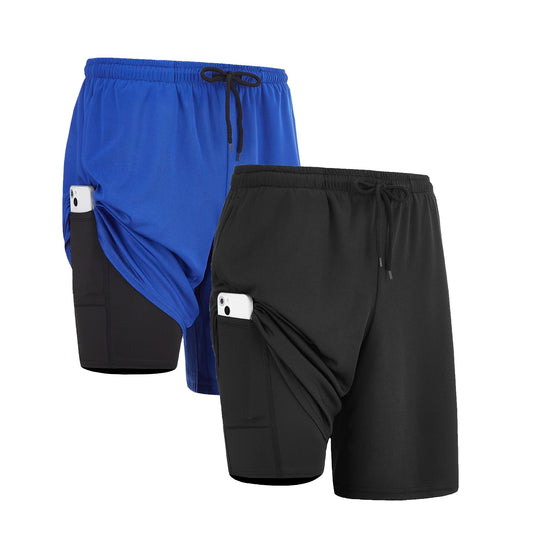 DaniChins Men's 2 in 1 Athletic Running Shorts Active Quick Dry Workout Sports Lightweight Shorts with Pockets (Black, Blue, M)